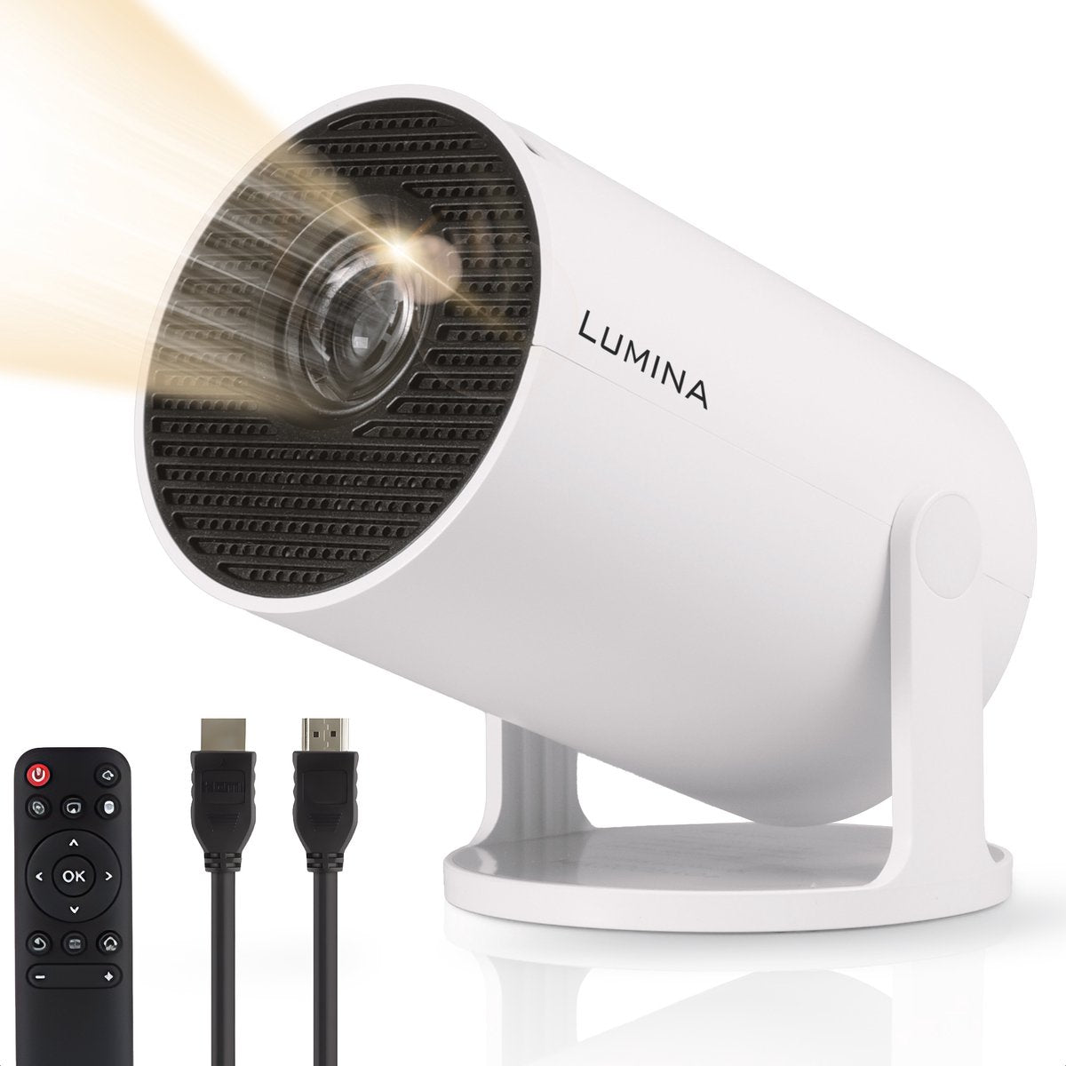 Novabeam® Pro Mini Beamer 2025 – Smart Projector met 4K-ondersteuning – Voor iOS & Android - Android 14 - WiFi 6 & Bluetooth 5.4 – Thuisbioscoop – Wit