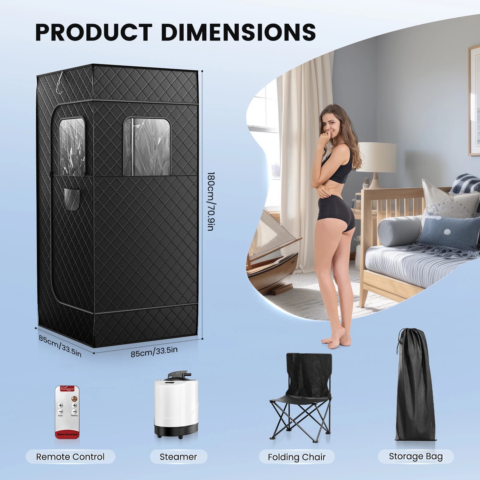1000W Full Body Home Steam Sauna Set 3L Large Steam Pot One Person Sauna Spa with Time Temperature Remote Control Detox Therapy
